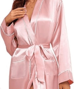 Lightweight blush satin kimono robe with a feminine design and convenient pockets, perfect for lounging in style.