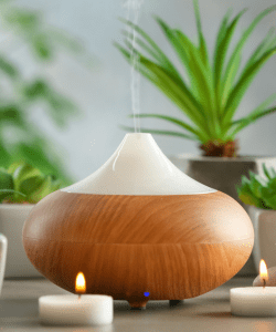 Elegant ceramic ultrasonic diffuser releasing a gentle mist, adding a calming and stylish touch to any room. Starter set of essential oils featuring lavender for relaxation and eucalyptus for mental clarity, perfect for aromatherapy.