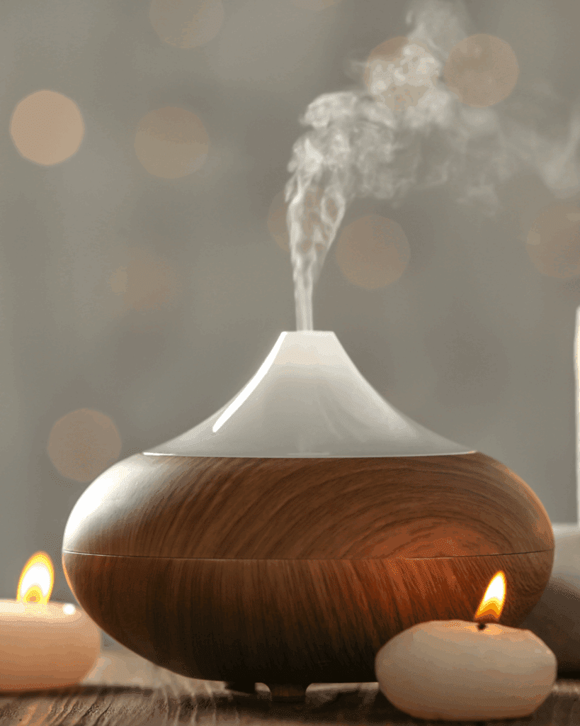 Aromatherapy diffuser with essential oils creating a calm, cozy space