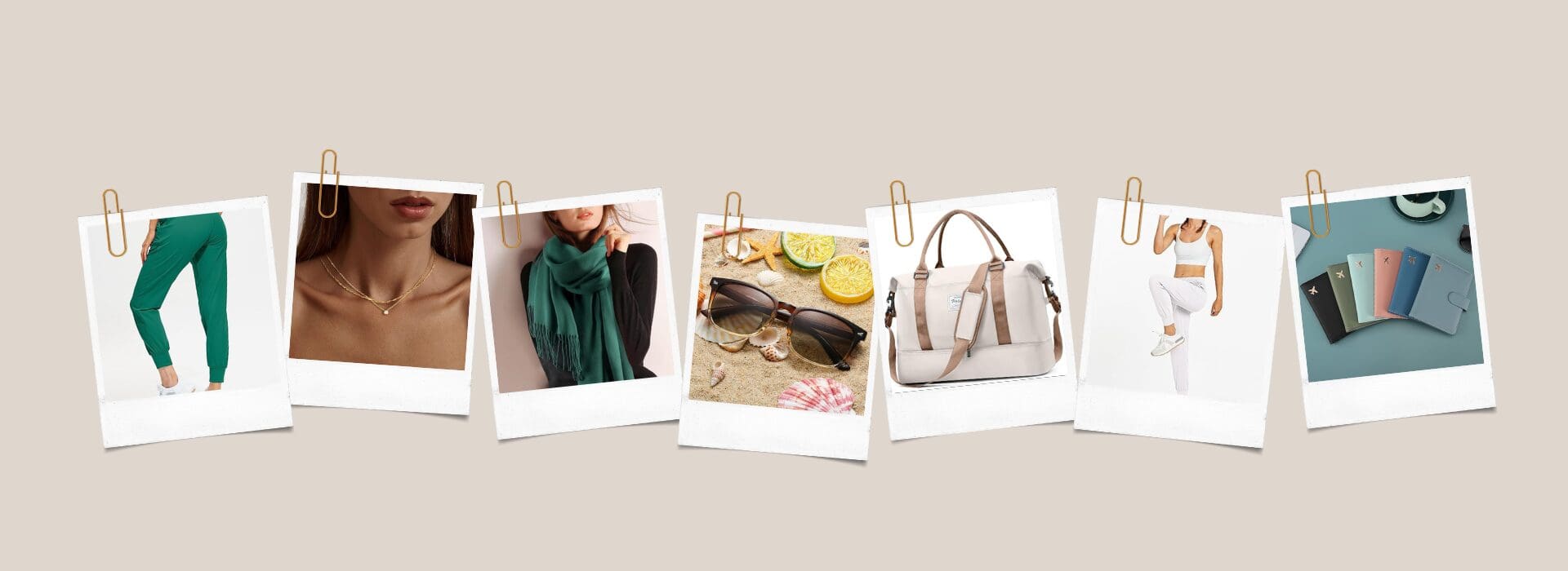 Flat lay of summer travel essentials for women, including gold jewelry, a passport travel case, stylish sunglasses, and a neutral tote bag – perfect airport outfit accessories.