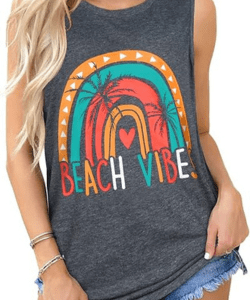 Sleeveless graphic camisole shirt in a loose, casual fit, styled with denim shorts for an effortless beach look.