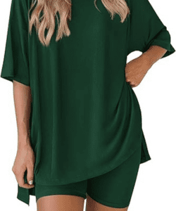 Woman wearing a breathable two-piece lounge set with biker shorts, a top pick in Summer 2025 fashion finds for stylish comfort at home or on the go.