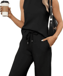 Woman wearing a breathable two-piece lounge set, perfect for Summer 2025 fashion finds—casual, stylish, and comfortable for any warm day.