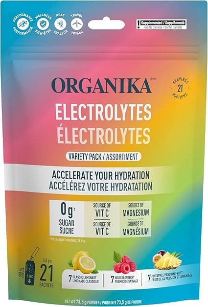 Travel-sized electrolyte supplement sachets for hydration and wellness support during flights.