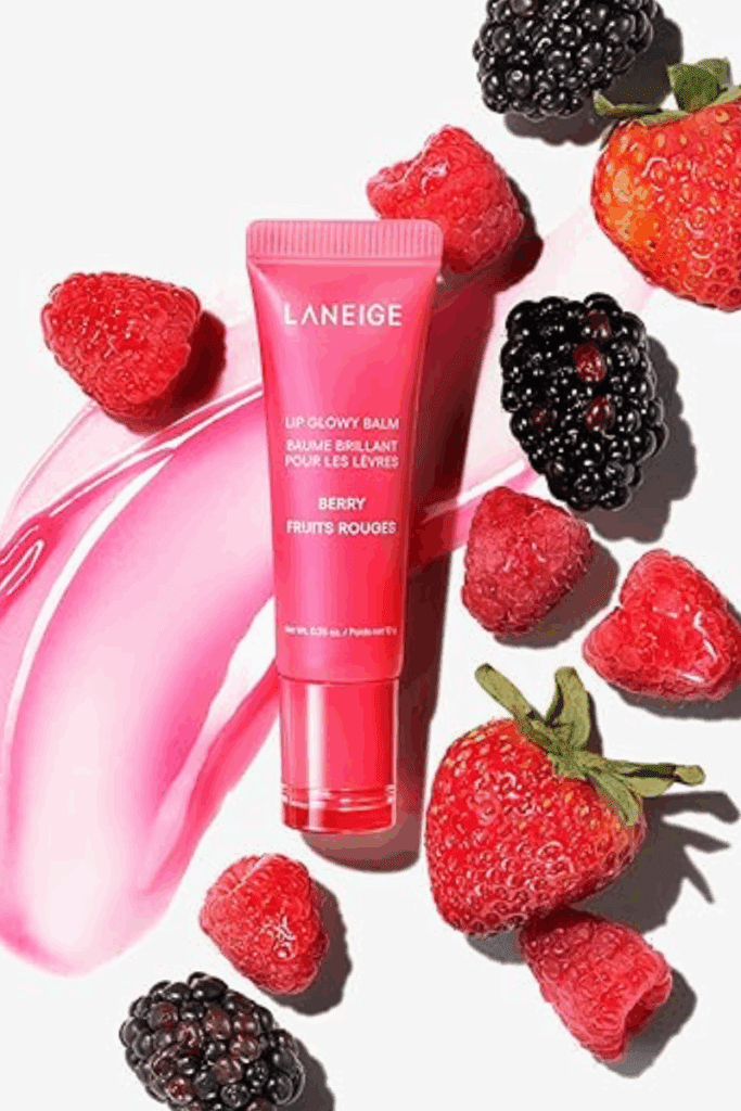 LANEIGE lip glowy balm in tube packaging, a hydrating essential for glowing skin during air travel.