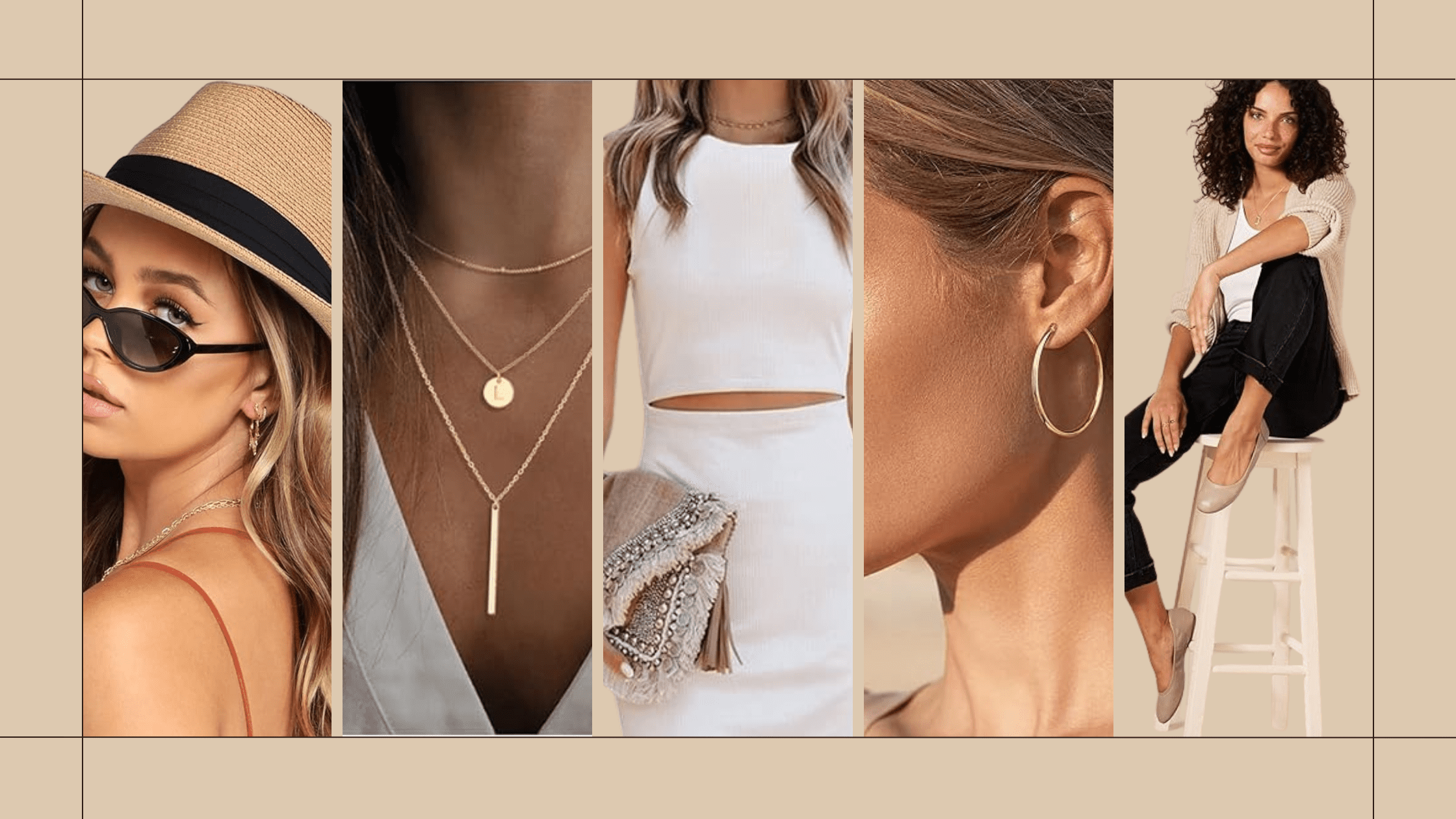 Collage showing 5 chic summer accessories and outfits: a woman in a wide-brim hat and sunglasses, a close-up of layered gold necklaces, a white sleeveless twist-front dress, simple gold hoop earrings, and nude ballet flats—styling ideas for a white dress.