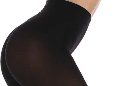A product image of black tights on a woman.