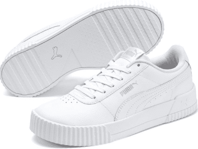 A product image of white Puma canvas sneakers.
