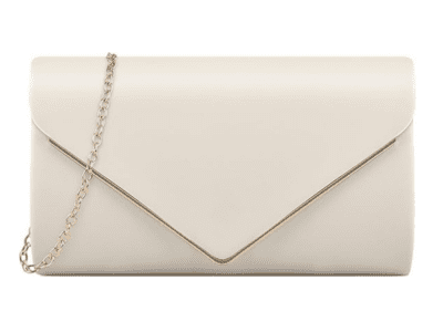 A product image of a evening, white clutch with gold detailing.