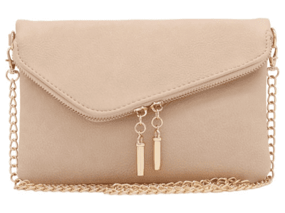 A close up picture of a nude colored clutch with gold detail.