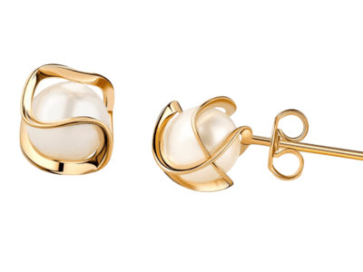 Pearl stud earrings with gold detail, up close product image.