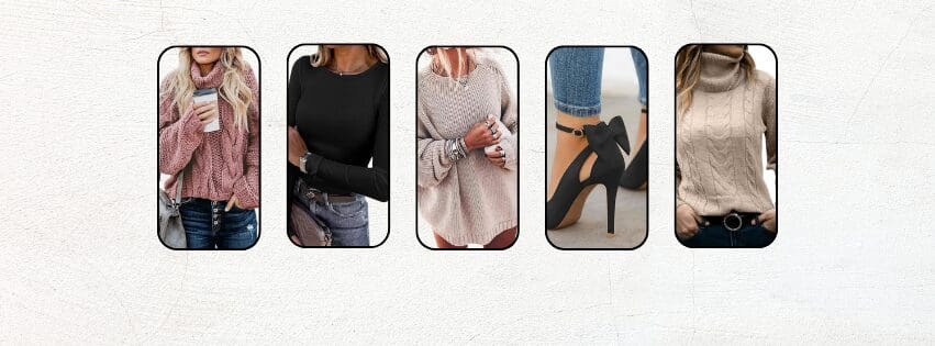 A collage of cozy and chic Amazon fall fashion essentials: a soft pink chunky sweater, a black fitted long-sleeve shirt, a cream knit sweater, a tan oversized sweater, and black strappy heels with a bow.